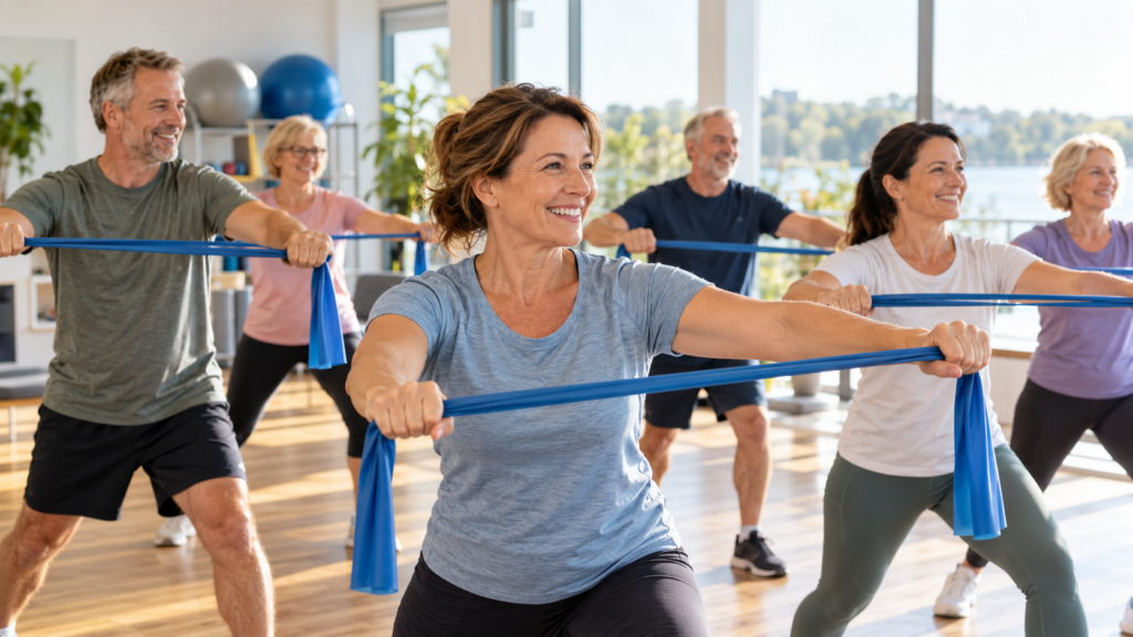 Rehasport in Zella-Mehlis - Gemeinsames Training mit blauen Fitnessbändern
